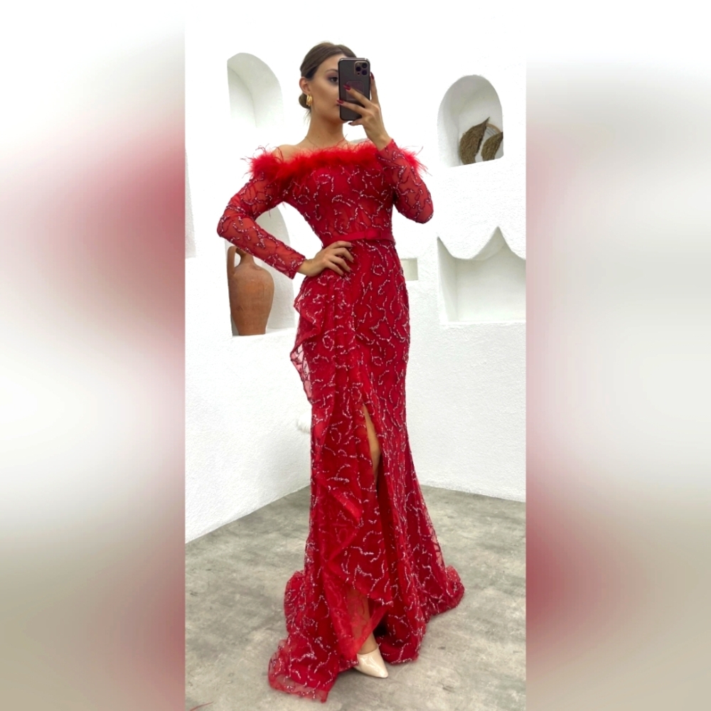 Red Feather Detail Glittered Evening Dress From Turkey